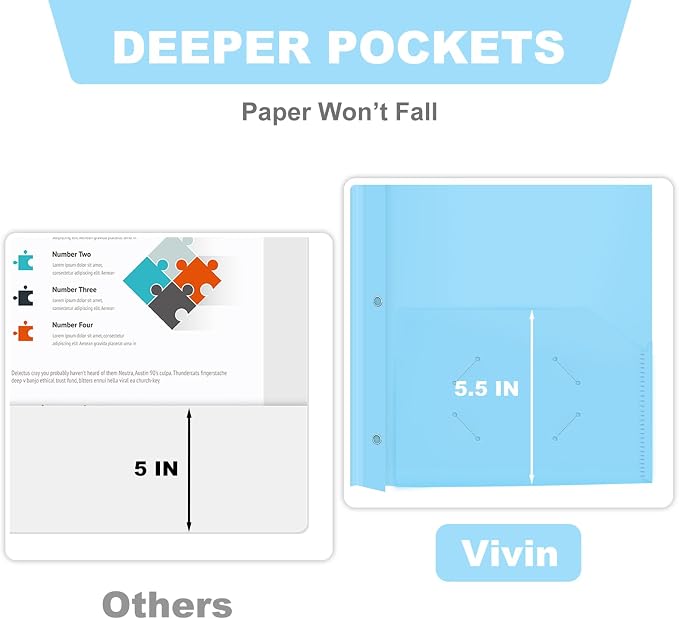 ViVin Heavy Duty 2-Pocket Folders with Brads, Pastel Color, 12-Pack, Durable Plastic Folder with 3-Prong Fasteners, Holds US Letter Size Paper, for School, Home and Office (Light Blue) - Image 4