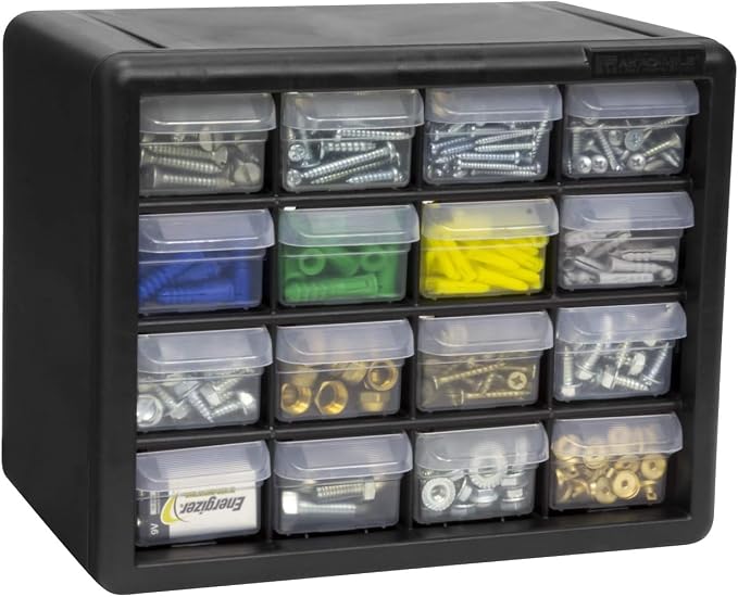 Akro-Mils 16-Drawer Plastic Storage Cabinet, 10.5"W x 6.5"D x 8.5"H, Black | Plastic Cabinet w/ Drawers for Garage Organization, Beads, Makeup Organizer, Building Bricks Storage, Teacher Toolbox, 10716 - Image 12
