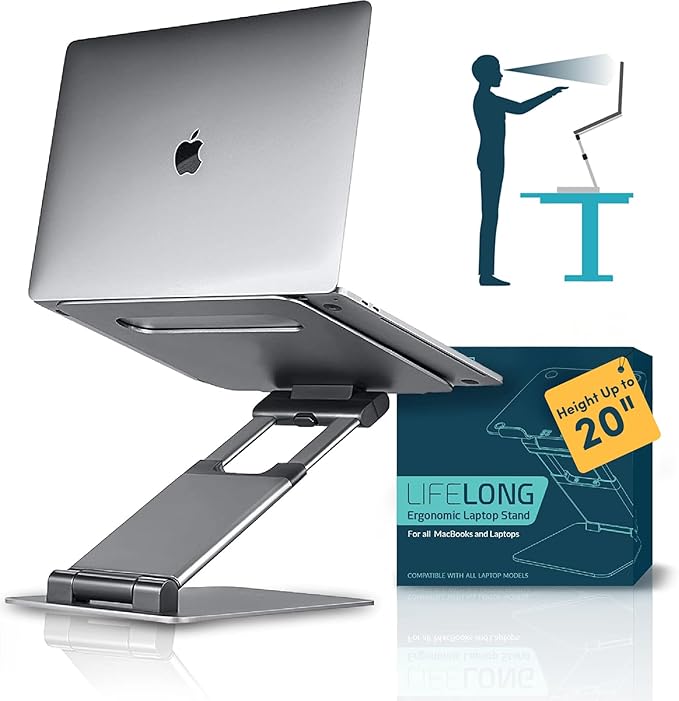 Lifelong Aluminum Adjustable Laptop Stand, Extra Tall 20" Riser, Grey | Ergonomic Portable Foldable Computer Stand, Fits 10-17” Laptops for Office Meetings, Teamwork & Desk Setup by LIFELONG