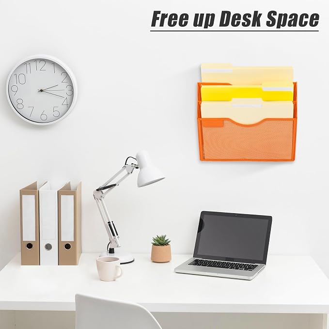 3 Pocket Mesh Hanging Wall File Organizer, Wall Mounted Mail Paper Document Folder Holder, Clipboard Storage Organization Magazine Rack with Nametag Label for Office Home School, Orange - Image 3