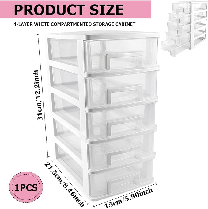 5 Tier Plastic Drawer Type Closet,Portable Storage Cabinet Sundries Storage Cosmetics Jewelry Storage Box for Home Office（White） - Image 2