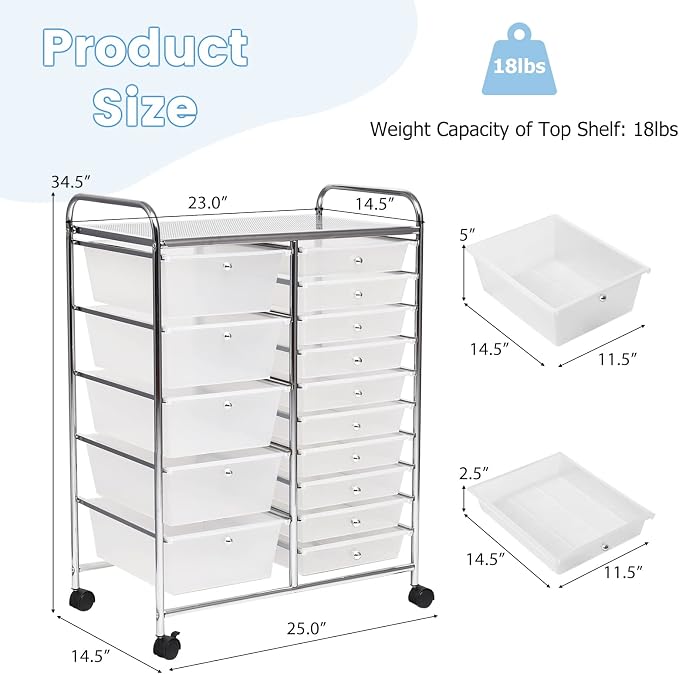 COSTWAY 15 Drawer Rolling Storage Cart, Mobile Storage Organizer | Removable Drawers & Metal Frame, Multipurpose Utility Tools Paper Organizer on Wheels for Home, Office (Transparent) - Image 3