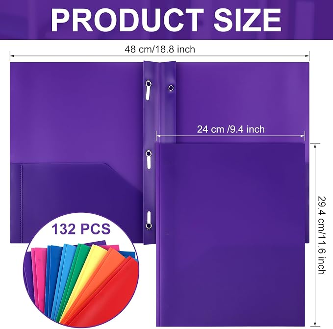 Cholemy 132 Packs Pocket Folders with Prongs Heavy Duty Plastic Folder with Business Card Slot 3 Prong Fasteners for School Office (Cute) - Image 2