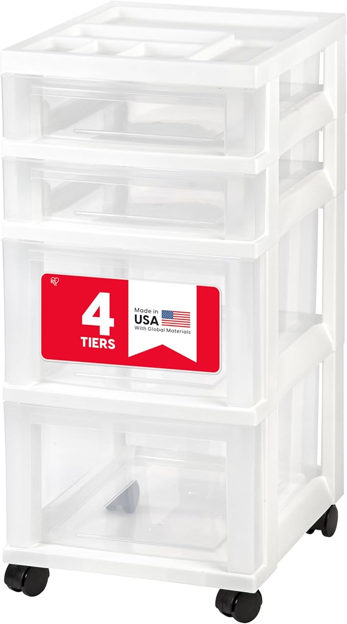 IRIS USA 4-Drawer Rolling Storage Cart, White/Clear | Keep craft supplies, office essentials, classroom items, and accessories organized with easy-access drawers for daily use by IRISUSA
