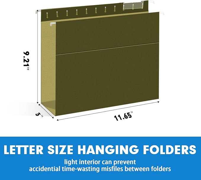 Extra Capacity Hanging File Folders, RAZCC 60 Pack Letter Size Reinforced Hanging Folders with Heavy Duty 3 Inch Expansion for Bulky Files, Filing Cabinet, Adjustable Tabs, Green - Image 2