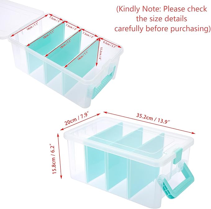 BTSKY Clear Plastic Dividing Storage Box with 4 Deep Compartment Sewing Box | 13.9x7.9x6.2 Inches Adjustable Storage Bin with Lid Portable Craft Storage Container Multipurpose Art Supply Organizer Blue - Image 3