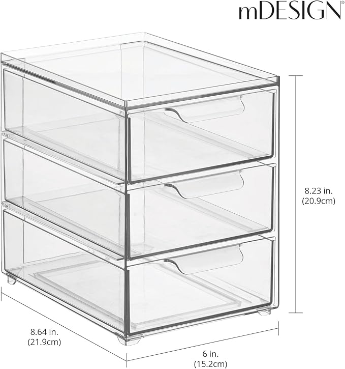 mDesign Plastic Stackable Organizer with 3 Drawers - Pull-Out Drawer Storage Bin for Bathroom Sink/Cabinet Organization - Perfect for Makeup, Small Towels, and More - Lumiere Collection, 2 Pack, Clear - Image 3
