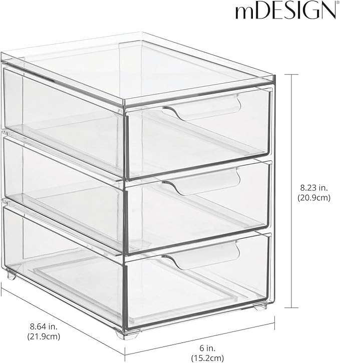 mDesign Plastic Stackable Organizer with 3 Drawers - Pull-Out Drawer Storage Bin for Bathroom Sink/Cabinet Organization - Perfect for Makeup, Small Towels, and More - Lumiere Collection, 2 Pack, Clear - Image 3