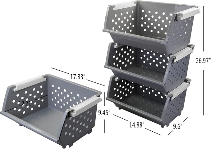 3 Pack Gray Large Stacking Basket Bin, Open Front Storage Baskets | Stackable - Image 2