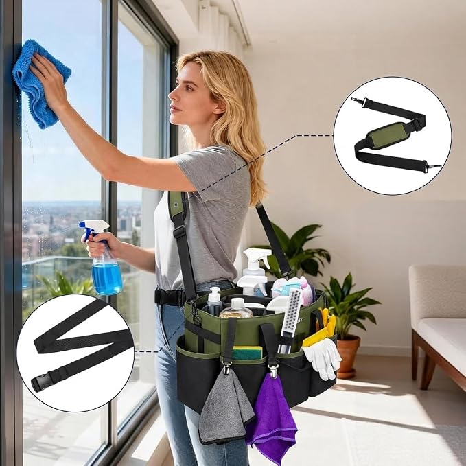 Ytonet Foldable Cleaning Supply Caddy, Wearable Cleaning Tote with Dividers | Large Cleaning Bag for Housekeepers, Kitchen Supplies Organizer with Shoulder Straps, Under Sink & Car Detailing Bag, Green - Image 2