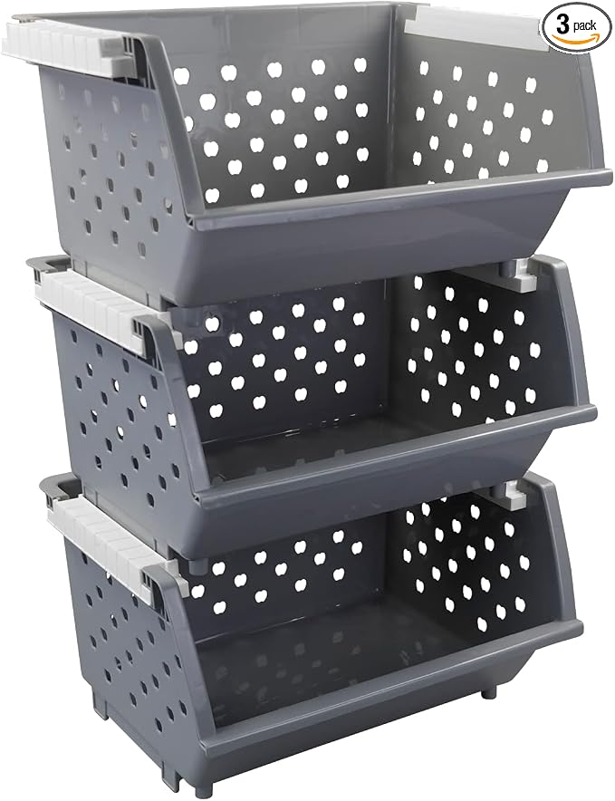 3 Pack Gray Large Stacking Basket Bin, Open Front Storage Baskets | Stackable by Utiao