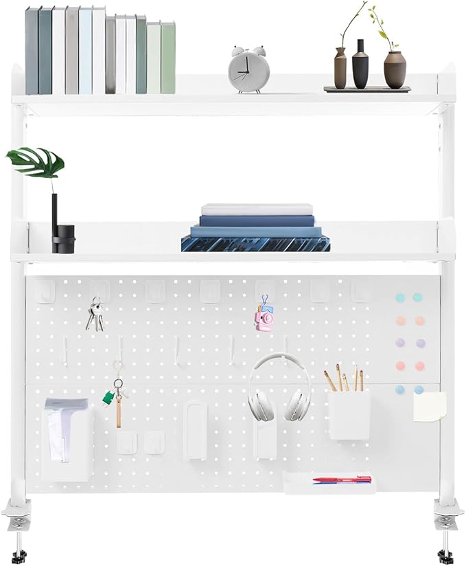 Clamp-On Pegboard Desk Organizer, 2-Tier Clamp On Desk Shelf with Hooks, Office Accessory Organizer for Books, Office Supplies & DIY Storage, 16.5lbs Capacity, 39.37" x 37.4", White by Unknown