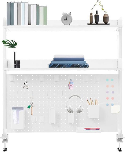 Clamp-On Pegboard Desk Organizer, 2-Tier Clamp On Desk Shelf with Hooks, Office Accessory Organizer for Books, Office Supplies & DIY Storage, 16.5lbs Capacity, 39.37" x 37.4", White by Unknown