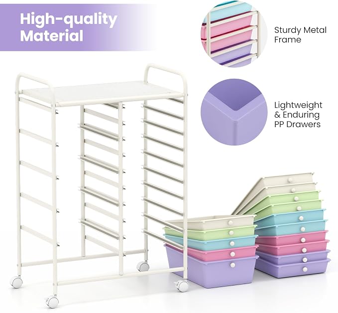 Giantex 15 Drawer Rolling Cart with Drawers, Storage Organizer Cart for Classroom Office School Teacher, Mobile Drawer Cart for Tools, Crafts, Small Printer, Paper, Pastel Ice Cream - Image 8