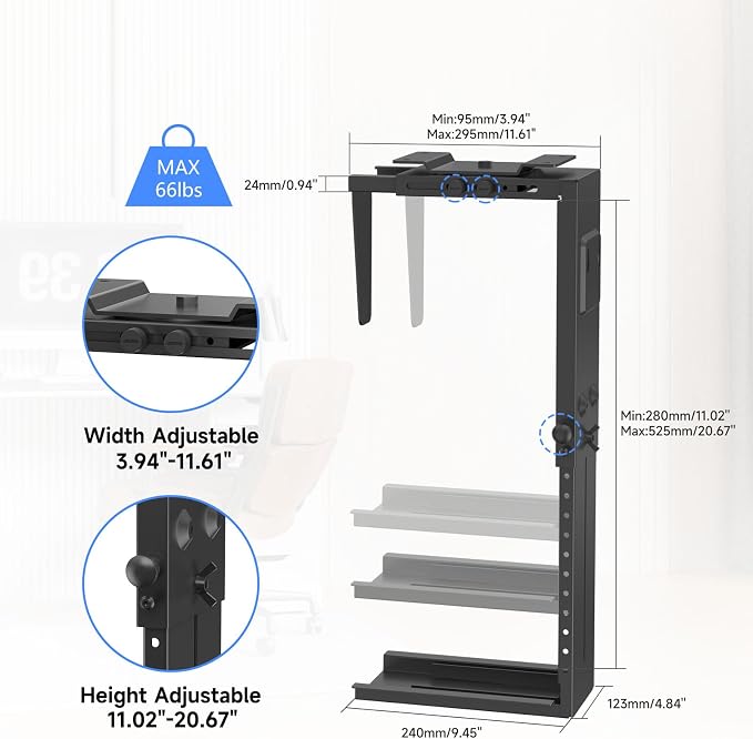 Suptek Adjustable Under Desk and Wall PC Mount,3.94 to 11.61 inch Wide Computer Case CPU Hanger Holder 360 Degree Rotatable Under-Desk PC Hanging Stand Holder Mount (ZJJ001XL) - Image 2