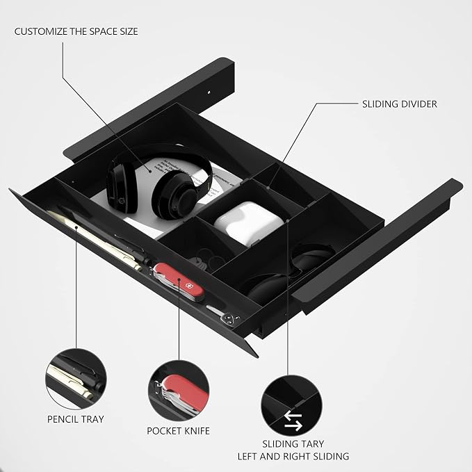 Under Desk Mounted Sliding Pull-out Drawer with Pencil Tray and Slide Storage Tray, 17'' long & 13.5'' deep Large Storage Organizer for Sit Stand Workstation - Image 2