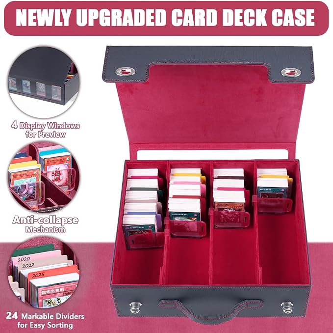 4-Row 3000+ Trading Card Storage Box for MTG, Card Deck Box with Snap-fit Design, 4 Card Sleeves, 8 Stoppers, 24 Dividers (4-Rows Black-Red) - Image 4