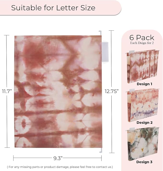 Y YOMA Letter Size - 6 Pack Extra Capacity Hanging File Folders with Pocket Accordion Decorative File Folder Cute Colored Expandable Folder for Office with 1/5-Cut Adjustable Tabs, Tie-dye Pattern - Image 3