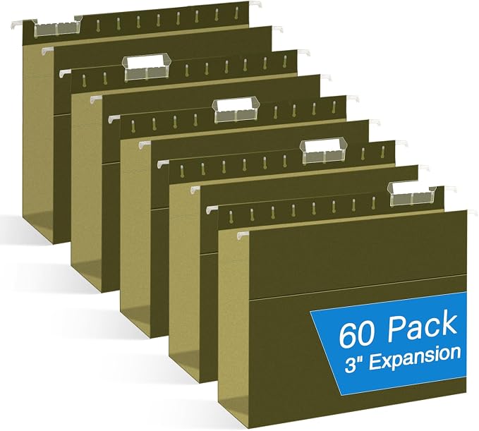 Extra Capacity Hanging File Folders, RAZCC 60 Pack Letter Size Reinforced Hanging Folders with Heavy Duty 3 Inch Expansion for Bulky Files, Filing Cabinet, Adjustable Tabs, Green by RAZCC