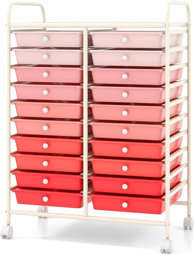 Giantex 20 Drawers Rolling Cart, Mobile Storage Drawer Cart, Classroom Organizer Cart for Office School Supplies Teacher Tools Paper Craft Small Printer, Utility Cart on Wheels, Gradient Pink - Image 4