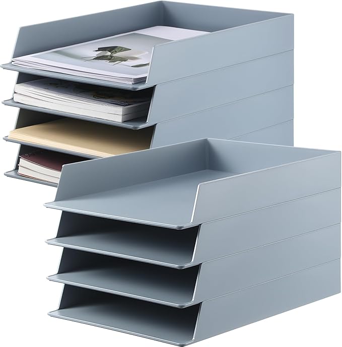 8 Pcs Stackable Paper Trays Rectangular Plastic Desk Holder Desktop Document File Organizer Storage Letter for Office Classroom (Gray) by Wenqik