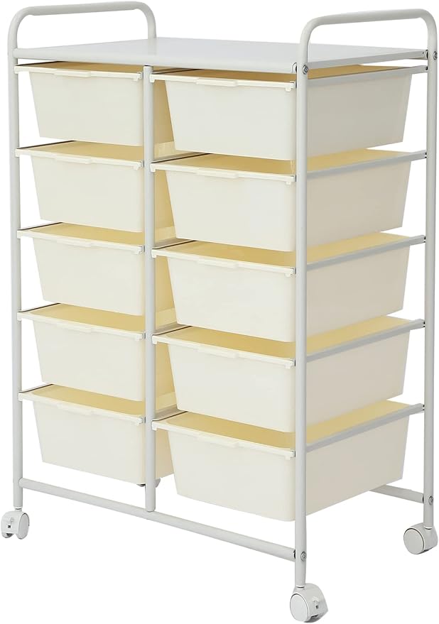 Ytaoka Rolling Cart with 10 Drawers, Plastic Drawer Cart with Metal Frame, Multipurpose Art Craft Cart Organizer with Wheels, Utility Cart with Drawers for Home, Office, School, White by Ytaoka