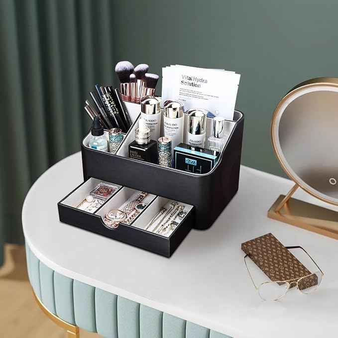 Desk Organizer with Drawer, Multifunction Pencil Holder for Desk, Desk Organizer and Accessories 5 Compartments for Home Office Supplies (Black) - Image 5