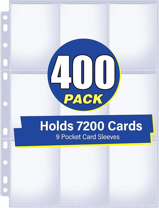 400 Pack 9 Pocket Card Sleeves Binder Sheets, Holds 7200 Cards, Trading Card Sleeves for 3 Ring Binder, Protective Pages Sheets for Baseball, Football, Business, Game Cards by Unknown