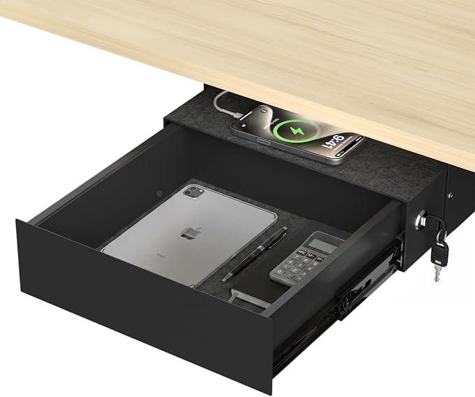 Under Desk Drawer with Lock, 13.8 Inch Slide-Out Metal Storage Drawer,Black | Steel Undermount Drawer, Standing Desk Drawers with Cable Management for Office & Home by ERGOCOLLECT
