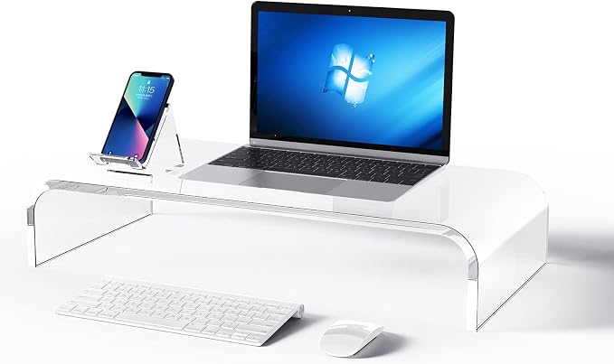16"x8"x4" Acrylic Monitor Stand, Clear Laptop Riser with Bonus Phone Stand | KMANDLU Clear Premium Acrylic Computer Stand, Ergonomic Monitor Riser & Desk Organizer Shelf for Office, Home, Printer, TV - Image 9