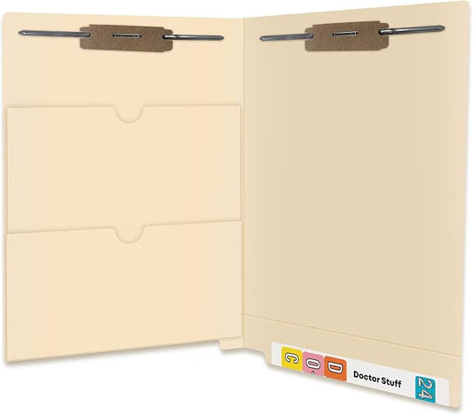 Pocket File Folders, Doctor Stuff, Reinforced End Tab Folder with Double Pocket on Inside, Two Fasteners in Position 1 & 3, 11 pt Manila Stock, Box of 50 by DoctorStuff