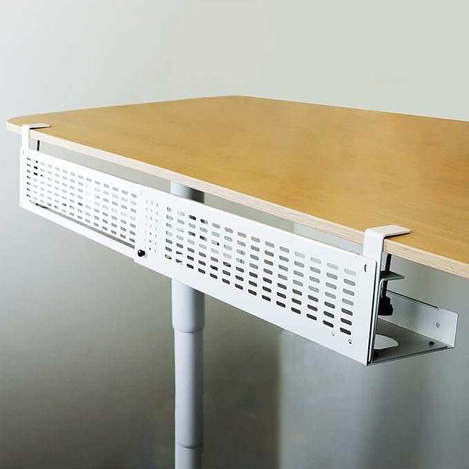AEONS Under Desk Cable Management Tray Kit - Horizontal Adjustable up tp 41” Desk Organizer Removable C Clamp Mount Reversiable Computer Cord Raceway and Modesty Panel for Large Table, White/Beige by AEONS