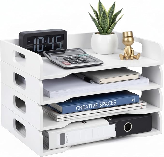 Wooden Stackable Paper Trays 4-Tier Wooden Paper Organizer for Desk Letter Documents Woodens Desktop File Organizers for Desktop File Holder and Office Supplies Rack for Home Office Use(White) by Yinkin
