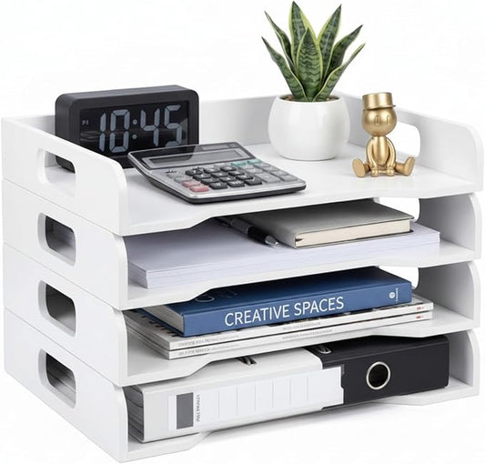 Wooden Stackable Paper Trays 4-Tier Wooden Paper Organizer for Desk Letter Documents Woodens Desktop File Organizers for Desktop File Holder and Office Supplies Rack for Home Office Use(White) by Yinkin