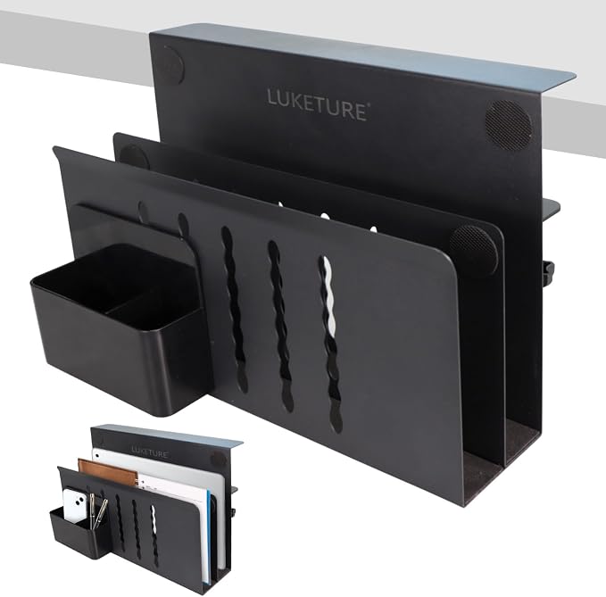LUKETURE Desk Side Storage, 2 Tie Laptop Holder No Drill Clamp On Organizer | Steel Side Desk Organizer, Clamp on Laptop Mount with Pen Holder, Hanging Storage for Home Office, Fits 0.3" to 2.8" by LUKETURE