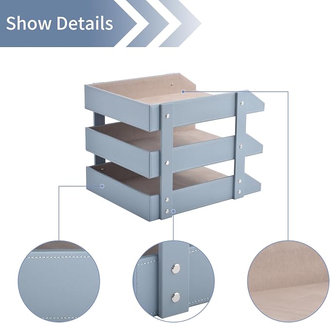 Leather Desk Organize Holder,3-Layer Stackable Letter Tray,Used to Store documents,Folders,Stationery,Magazines,Paper,and Other Home Office Supplies,Desk File Rack (Grey) - Image 5