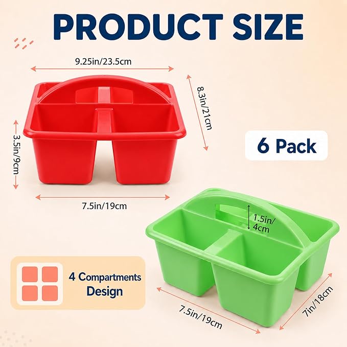 gisgfim 6 Pack Plastic Classroom Caddy with 4-Compartments Plastic Storage Caddies with Handle 4 Compartments Table Caddy Organizer Versatile Table Caddies for Classroom Office, Rainbow Color - Image 2