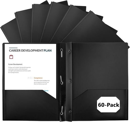60-Pack Plastic Folders with Pockets and Prongs,2-Pocket Folders with 3 Fasteners, Poly Folders Holds 8-1/2" x 11" Paper for School/Office/Home, Black by EEHZTSIOFFICE