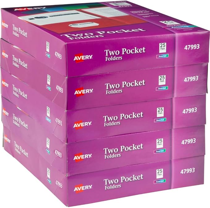 Avery Two Pocket Folders, Holds up to 40 Sheets, Business Card Slot, Case Pack of 125 Assorted Folders (47993) by Avery