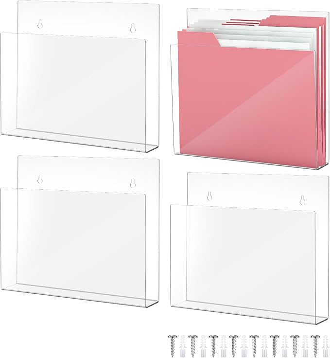 4 Pcs 12 Inch Acrylic Wall File Holder Tablet or Patient Chart Holder with Open Sides Medical Files Hanging Organizer for Wall Hardware for School Office Home (Square Style) by Wonderjune