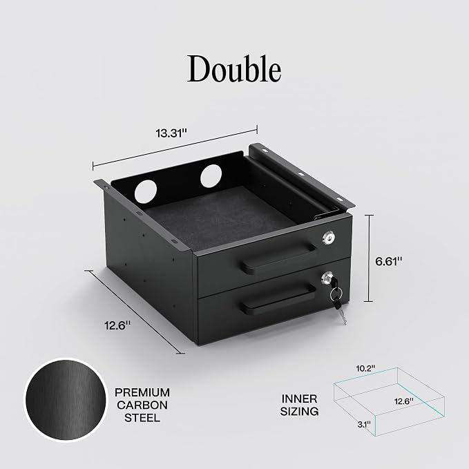 Under Desk Drawer Slide-Out – Lockable Metal Storage Drawers with Cable Management for Office & Home (Double, Non-Bracketed) - Image 2