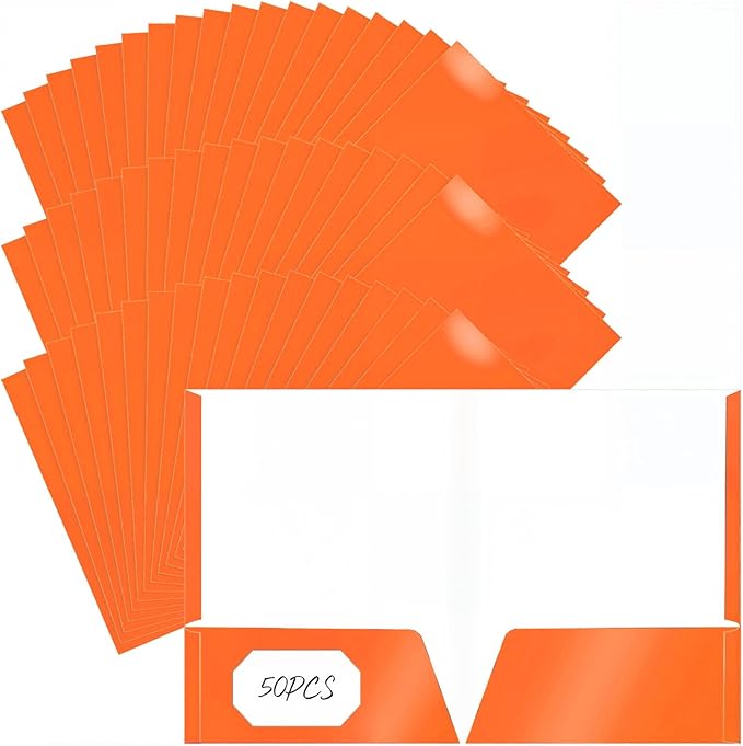 Jutom 50 Pcs 2 Pocket Glossy Paper Folders Glossy Paper Laminated Portfolios, Letter Size, Presentation Folders with Pockets for Office Teacher Worker Supplies (Orange) by Jutom