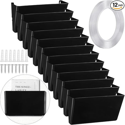 Tenceur 12 Pcs Plastic Single Pocket Wall Mount File Holder with Double Sided Adhesive Tape and Screws Wall File Hanging Folder Letter Paper Mail Organizer for Office Home Classroom(Black) by Tenceur