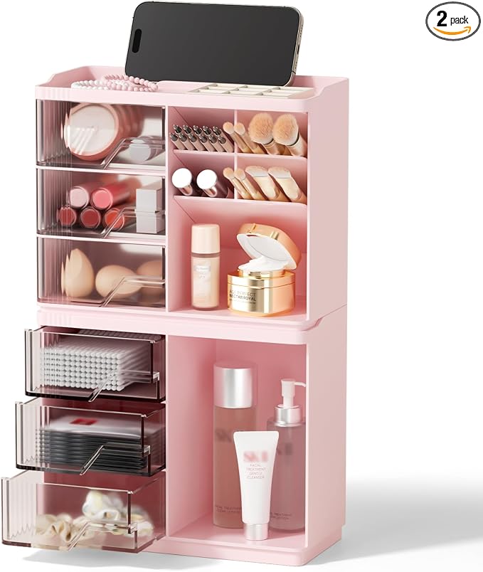 Small Makeup Organizer with Drawers, Stackable Bathroom Couneter Organizer with Phone Holder, Versatile Vanity Organizer Countertop, Cosmetic Organizer for Makeup Brush, Skin Care, Lotion -Pink,2Pack by FULLMEET