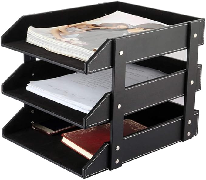 Leather Desk File Organizer, 3-Layer Stackable Tray, Used to Store documents, folders, Stationery, Magazines, Newspapers, Letters, and Other Home Office Sundries Desktop Organization Holder(Black)… by RHCSZ