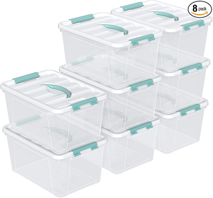 8-Pack Stackable Clear Storage Bins with Lids, 14-Qt Storage Box | Plastic Organizer Boxes with Buckle-Up Latches and Handle, Under Bed Closet Storage Containers by Parlynies