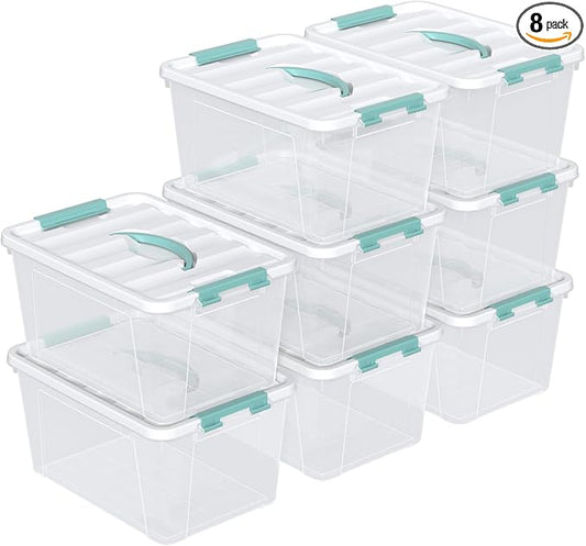 8-Pack Stackable Clear Storage Bins with Lids, 14-Qt Storage Box | Plastic Organizer Boxes with Buckle-Up Latches and Handle, Under Bed Closet Storage Containers by Parlynies