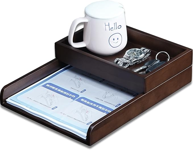 Wood 2-Tier Letter Tray, Stackable Detachable Paper Tray Desk Organizer | Detachable A4 File Holder, No-Assembly Desk Mail Sorter, Walnut Color Wood, Home Office Storage, Letter Paper Tray by GroveMindooOfficeStorage