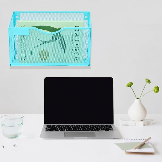 1 Pocket Mesh Wall File Holder Organizer Office Hanging File Folder Magazine Rack, Nametag Label Hooks Set Included (Blue) - Image 7