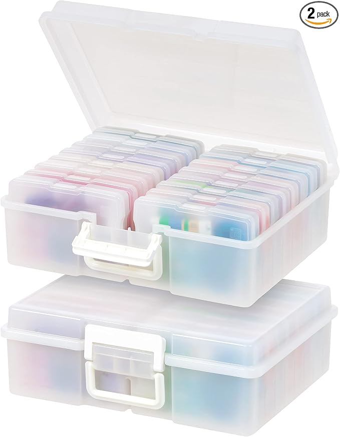 IRIS USA Photo Storage Box |Made in USA| 16 Cases - (2-Pack) - Pearl | Fits 4" x 6" Pictures / Built-In Handle / Organizing Containers for Tasks, Stickers, Ephemera & Flashcards by IRISUSA